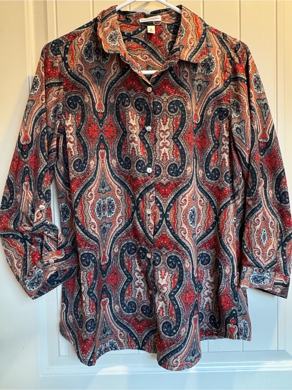 Rebecca Malone Red and Navy Paisley Button-Down Blouse